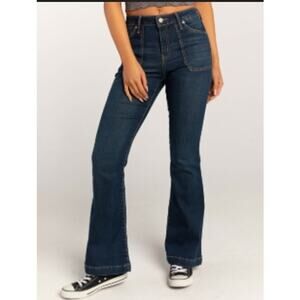 NWT Y2K RSQ Tillys Dark Wash Mid Rise Pork Chop Pockets Flare Leg Jeans Size 27